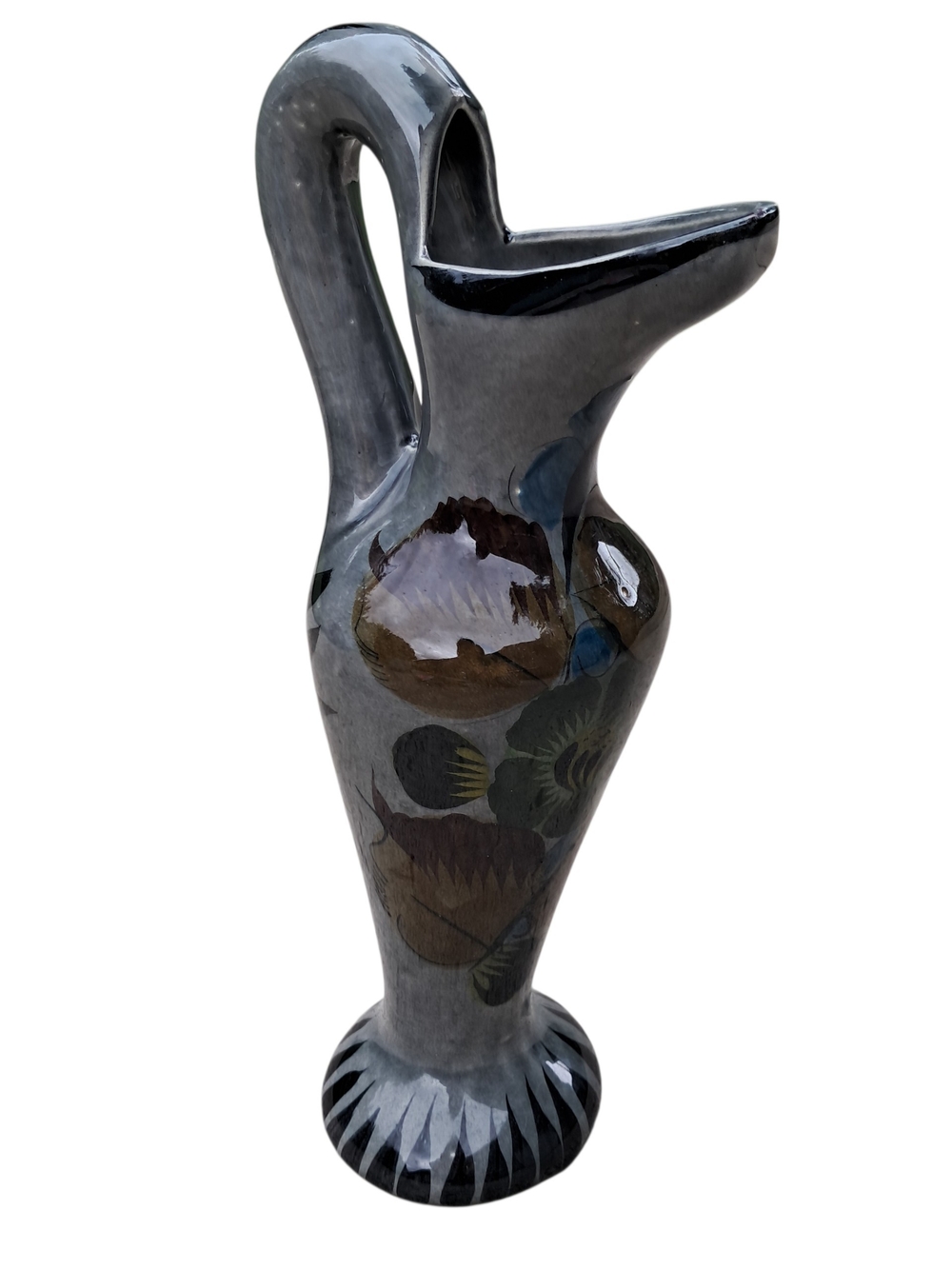 ​Vintage Mexican Folk Art Pottery Pitcher Hand Painted Floral Vase Signed Mexico
